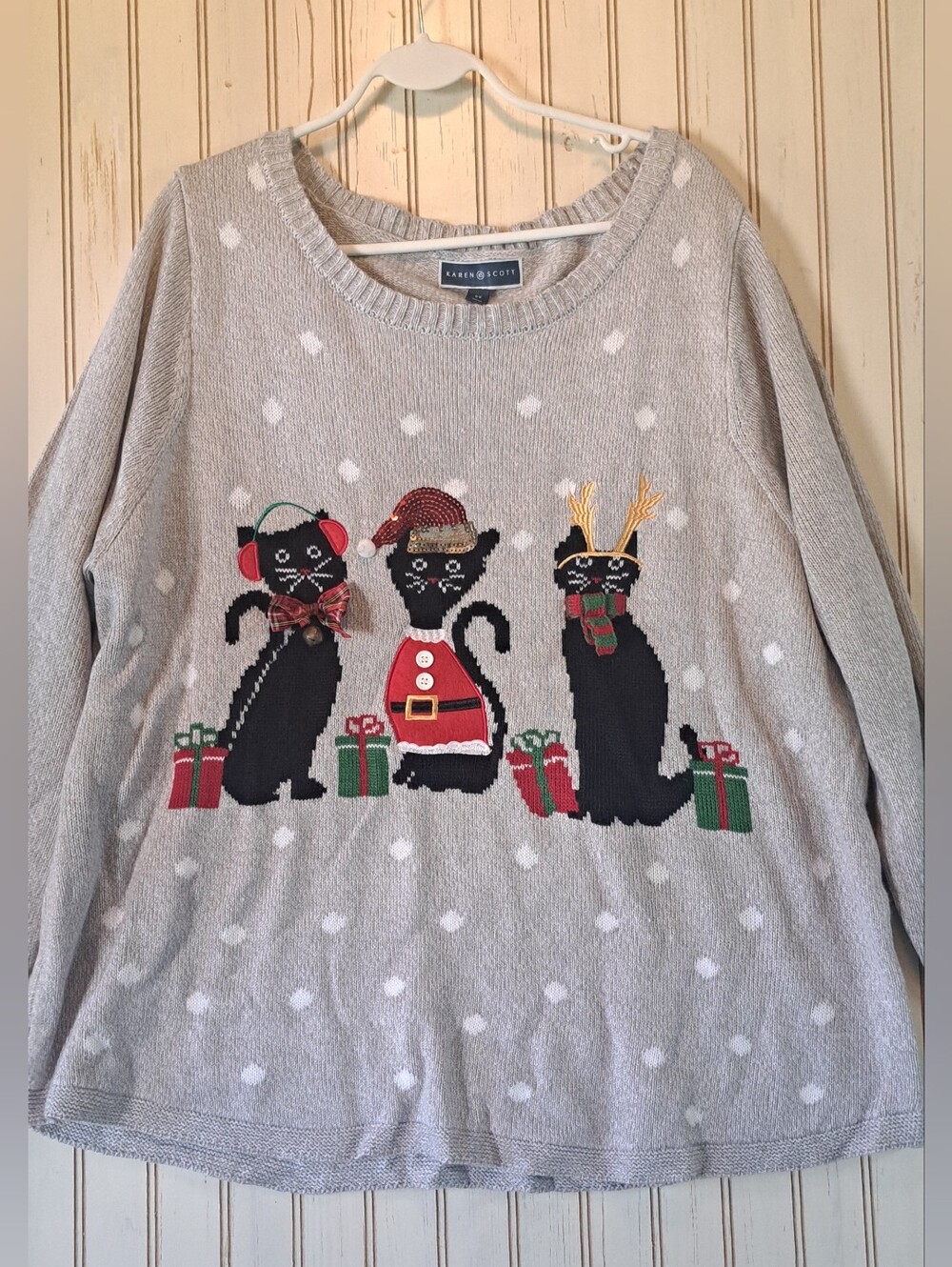Cute Karen Scott Women’s Cat Christmas Sweater 3X Grey White Polka Dots